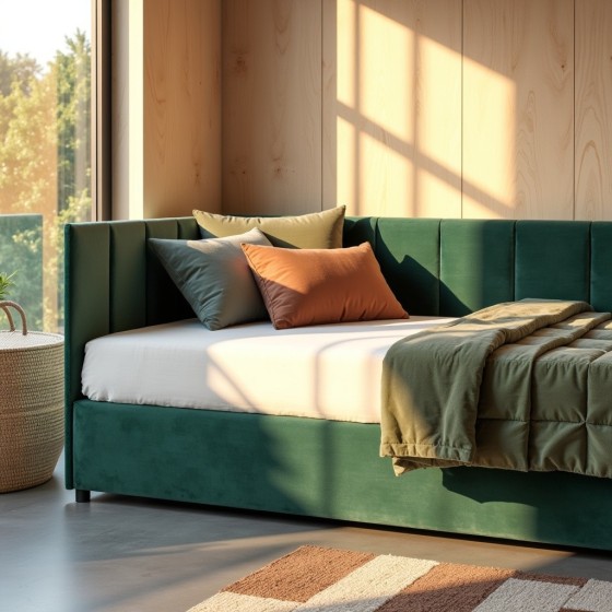 Tapczan Jednoosobowy Dla Dziecka FENIKS 80x200 Welur Butelkowa Zieleń z Pojemnikiem Bokiem i Oparciem