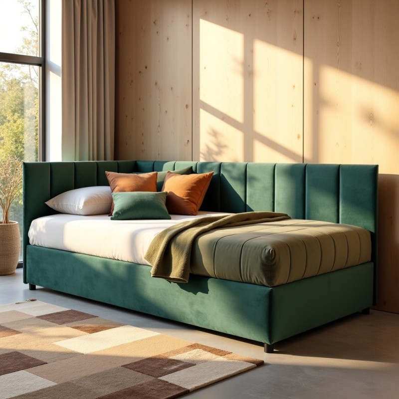 Tapczan Jednoosobowy FENIKS 100x200 Welur Butelkowa Zieleń z Pojemnikiem Bokiem i Oparciem