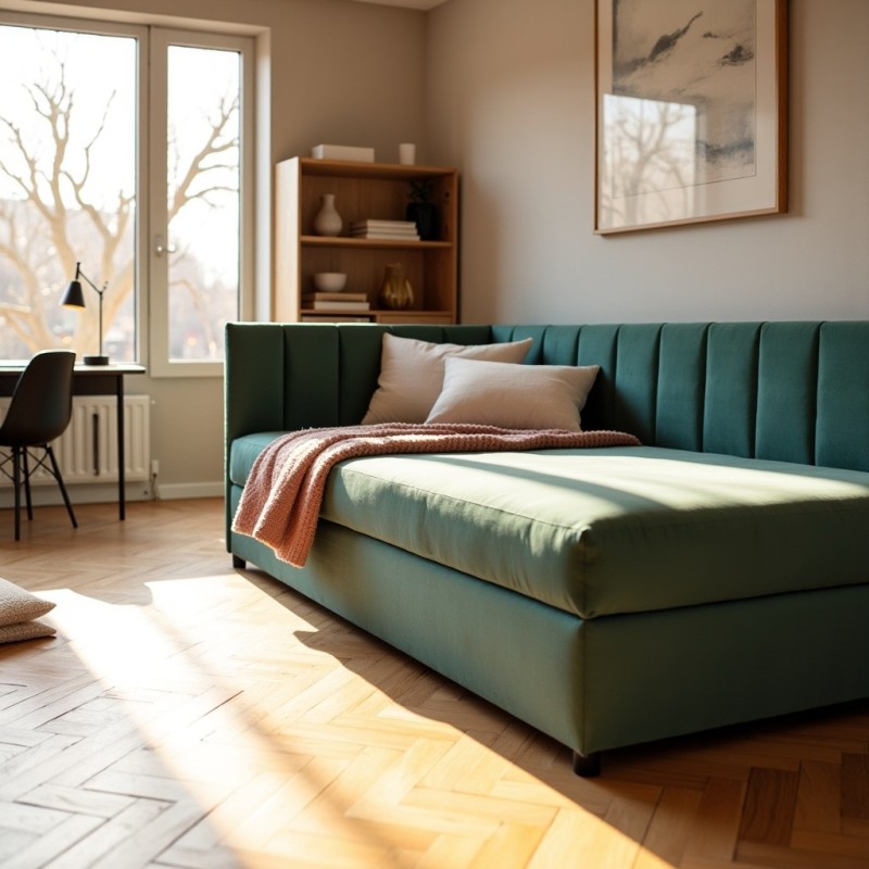 Tapczan Jednoosobowy FENIKS 120x200 Welur Butelkowa Zieleń z Pojemnikiem Bokiem i Oparciem