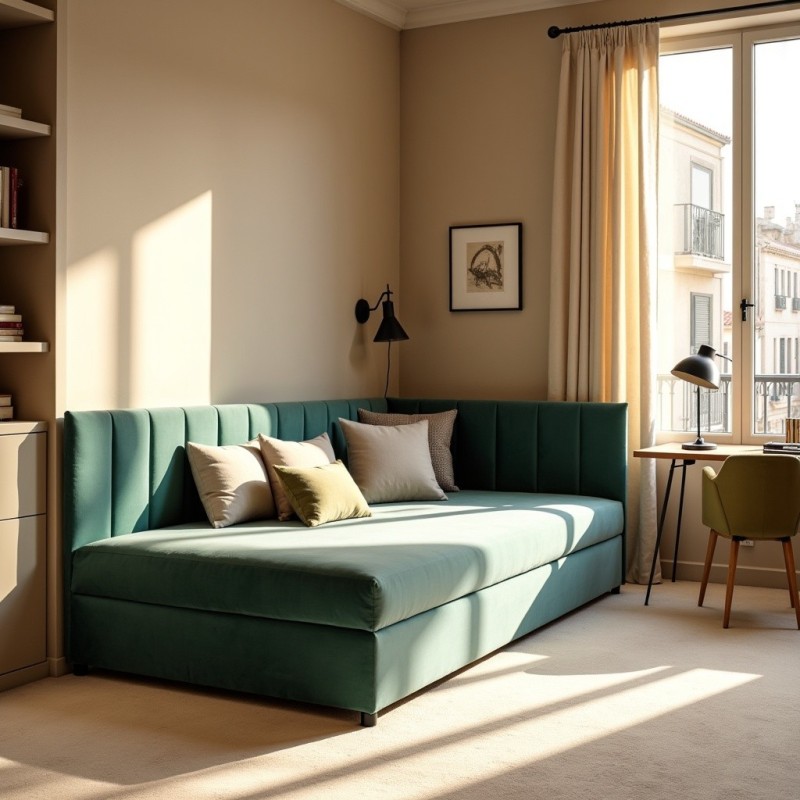 Tapczan Jednoosobowy FENIKS 120x200 Welur Butelkowa Zieleń z Pojemnikiem Bokiem i Oparciem