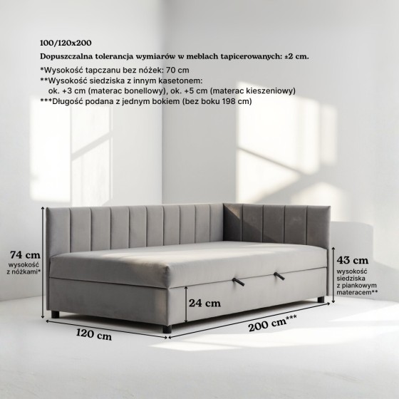 Tapczan Jednoosobowy FENIKS 120x200 Welur Jasny Beż z Pojemnikiem Bokiem i Oparciem