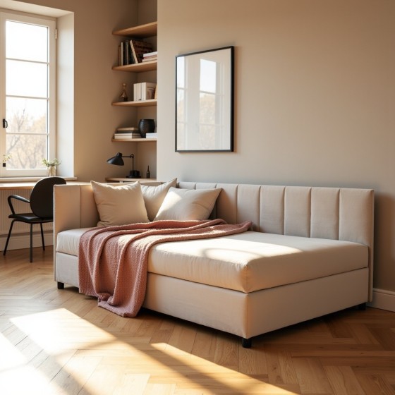 Tapczan Jednoosobowy FENIKS 90x200 Welur Jasny Beż z Pojemnikiem Bokiem i Oparciem