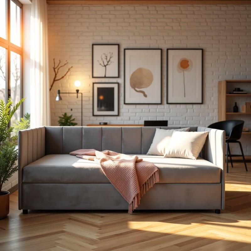 Tapczan Młodzieżowy FENIKS 90x200 z Pojemnikiem Bokiem i Oparciem Szary Welur