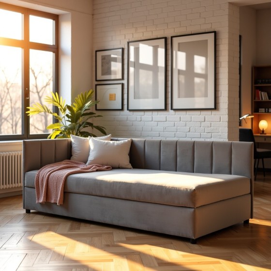 Tapczan Młodzieżowy Jednoosobowy FENIKS 100x200 z Pojemnikiem Bokiem i Oparciem Szary Welur