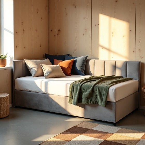 Tapczan Młodzieżowy Jednoosobowy FENIKS 100x200 z Pojemnikiem Bokiem i Oparciem Szary Welur