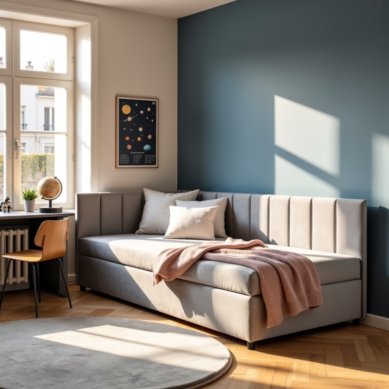 Tapczan Młodzieżowy Jednoosobowy FENIKS 100x200 z Pojemnikiem Bokiem i Oparciem Szary Welur