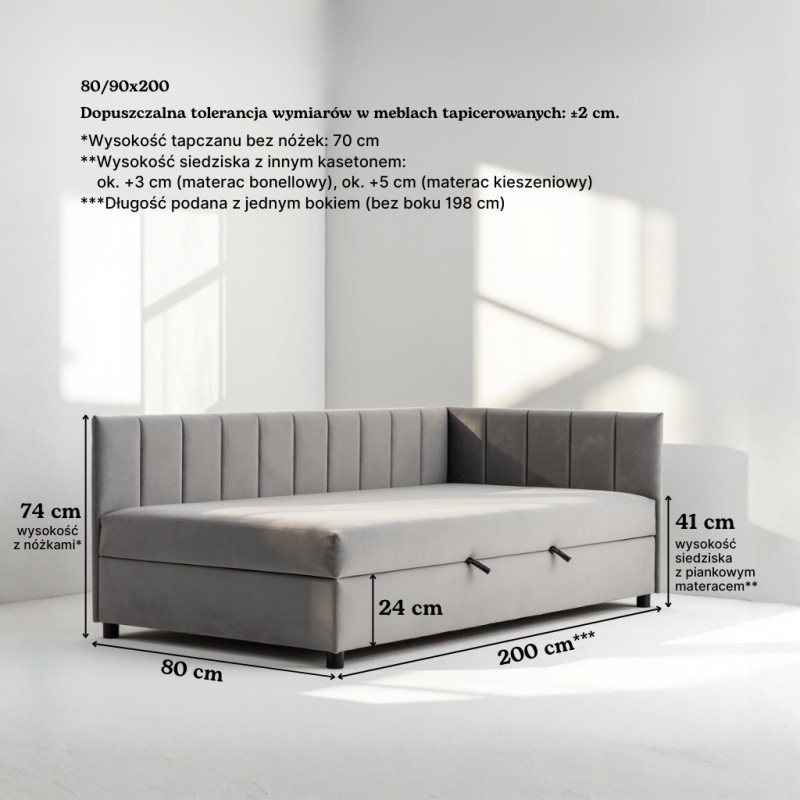 Tapczan Jednoosobowy Dla Dziecka FENIKS 80x200  Ciemnoszary Welur  z Pojemnikiem Bokiem i Oparciem