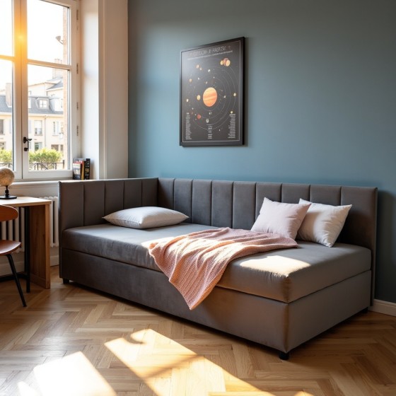 Tapczan Jednoosobowy FENIKS 100x200 Ciemnoszary Welur z Pojemnikiem Bokiem i Oparciem