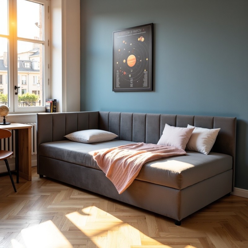 Tapczan Jednoosobowy FENIKS 120x200 Ciemnoszary Welur z Pojemnikiem Bokiem i Oparciem