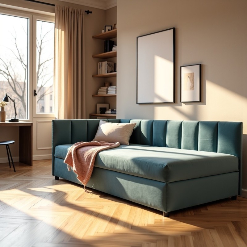 Tapczan Jednoosobowy Dla Dziecka FENIKS 80x200  Turkusowy Welur  z Pojemnikiem Bokiem i Oparciem