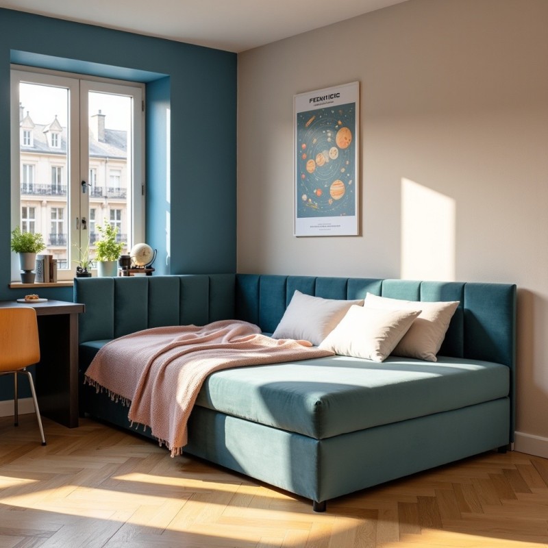 Tapczan Jednoosobowy FENIKS 90x200 Turkusowy Welur z Pojemnikiem Bokiem i Oparciem