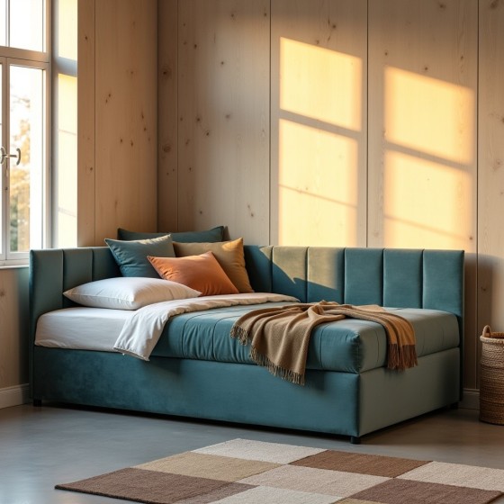 Tapczan Jednoosobowy FENIKS 100x200 Turkusowy Welur z Pojemnikiem Bokiem i Oparciem