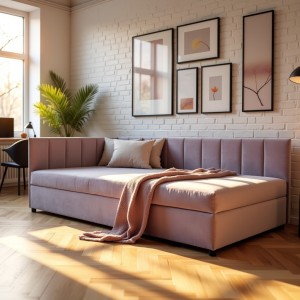 Tapczan Jednoosobowy FENIKS 120x200 Różowy Welur z Pojemnikiem Bokiem i Oparciem