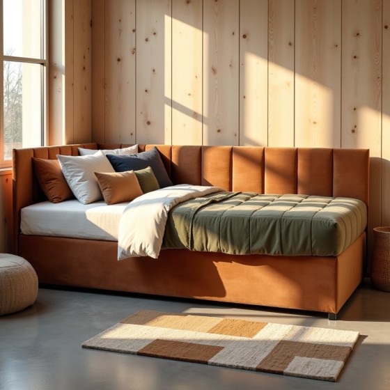 Tapczan Jednoosobowy Dla Dziecka FENIKS 80x200 Ceglasty Welur z Pojemnikiem Bokiem i Oparciem