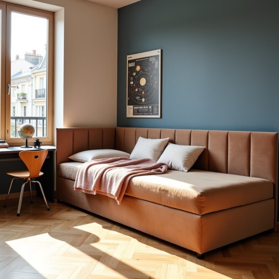 Tapczan Jednoosobowy FENIKS 90x200 Ceglasty Welur z Pojemnikiem Bokiem i Oparciem