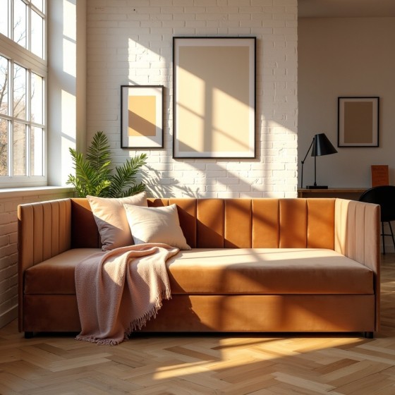 Tapczan Jednoosobowy FENIKS 120x200 Ceglasty Welur z Pojemnikiem Bokiem i Oparciem