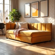 Tapczan Jednoosobowy Dla Dziecka FENIKS 80x200 Musztardowy Welur z Pojemnikiem, Bokiem i Oparciem