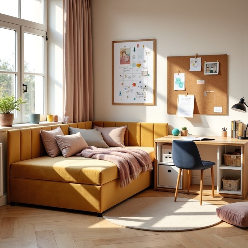 Tapczan Jednoosobowy Dla Dziecka FENIKS 80x200 Musztardowy Welur z Pojemnikiem, Bokiem i Oparciem