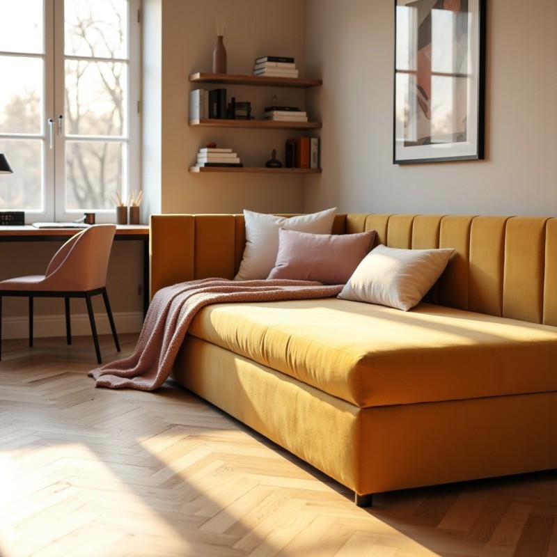 Tapczan Jednoosobowy Dla Dziecka FENIKS 80x200 Musztardowy Welur z Pojemnikiem, Bokiem i Oparciem