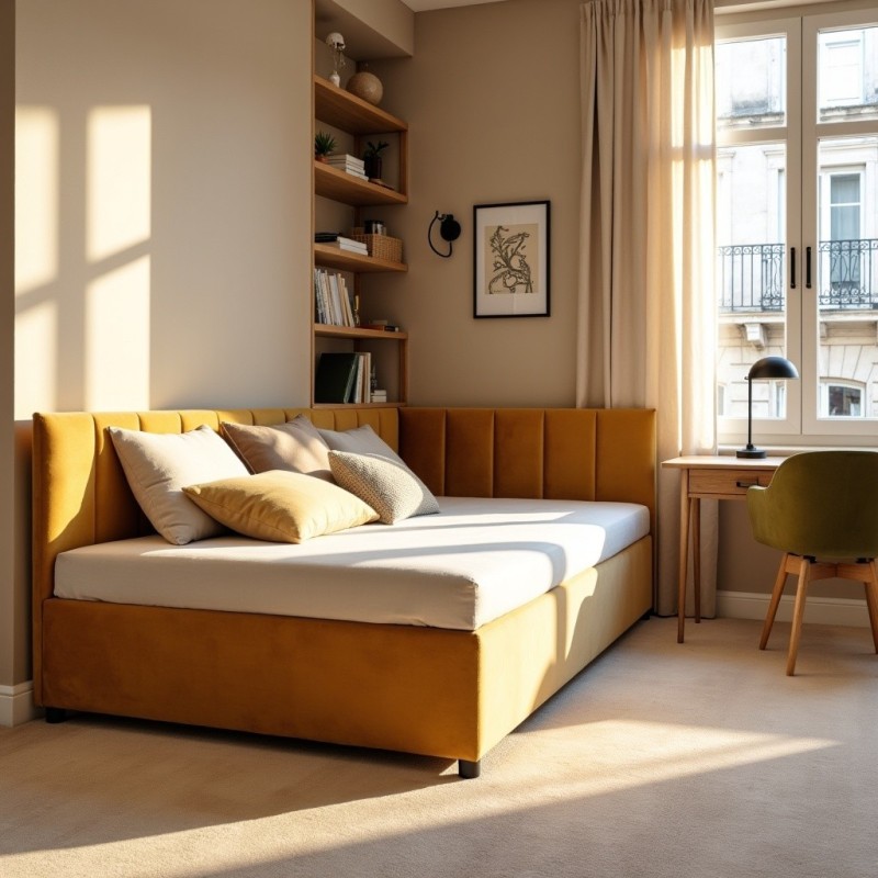 Tapczan Jednoosobowy Dla Dziecka FENIKS 80x200 Musztardowy Welur z Pojemnikiem, Bokiem i Oparciem