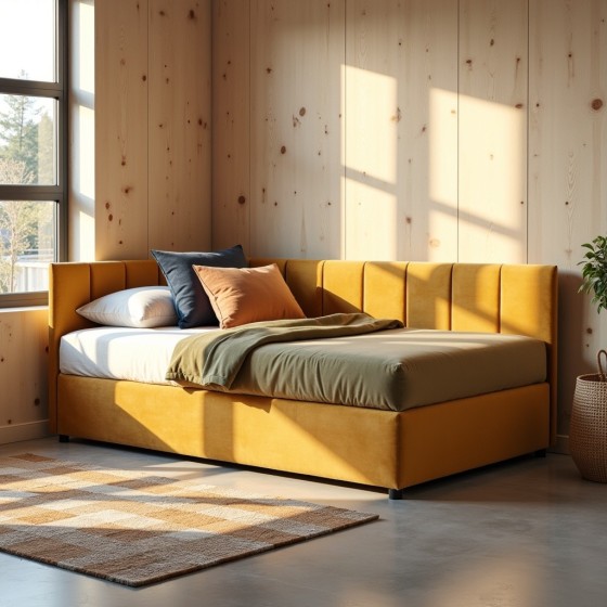 Tapczan Jednoosobowy FENIKS 120x200 Musztardowy Welur z Pojemnikiem Bokiem i Oparciem