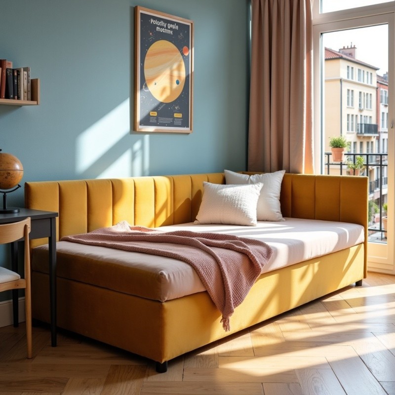 Tapczan Jednoosobowy FENIKS 120x200 Musztardowy Welur z Pojemnikiem Bokiem i Oparciem