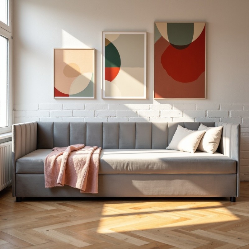 Tapczan Młodzieżowy Jednoosobowy FENIKS 100x200 z Pojemnikiem Bokiem i Oparciem Szary Welur