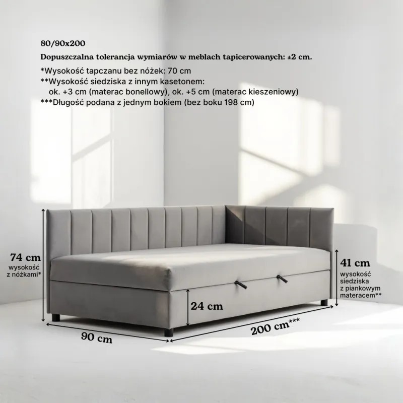 Tapczan Jednoosobowy FENIKS 90x200 z Pojemnikiem Bokiem i Oparciem - konfigurator