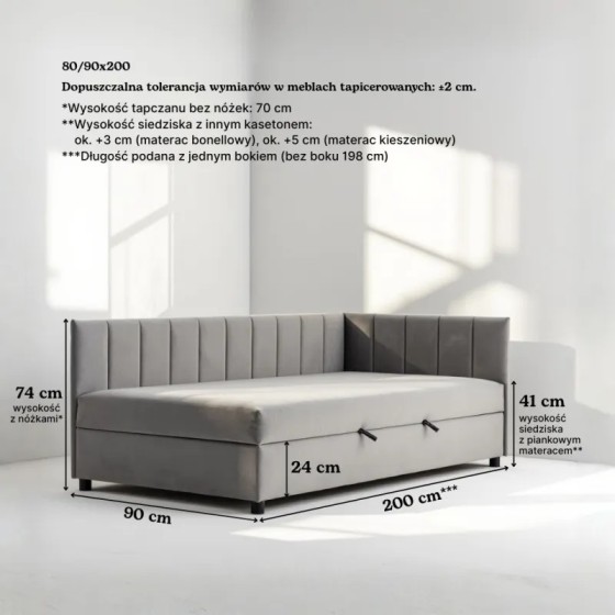 Tapczan Jednoosobowy FENIKS 90x200 z Pojemnikiem Bokiem i Oparciem - konfigurator