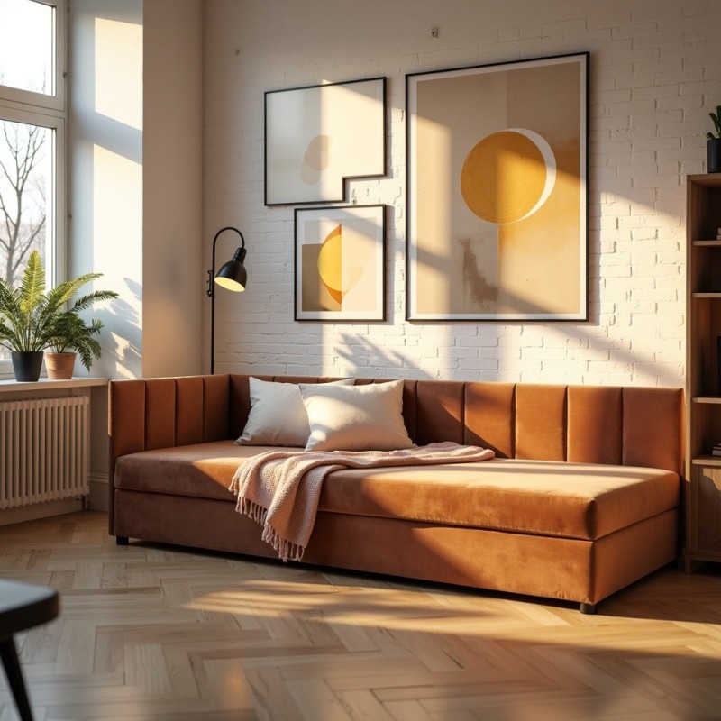 Tapczan Jednoosobowy FENIKS 100x200 z Pojemnikiem Bokiem i Oparciem - welur konfigurator