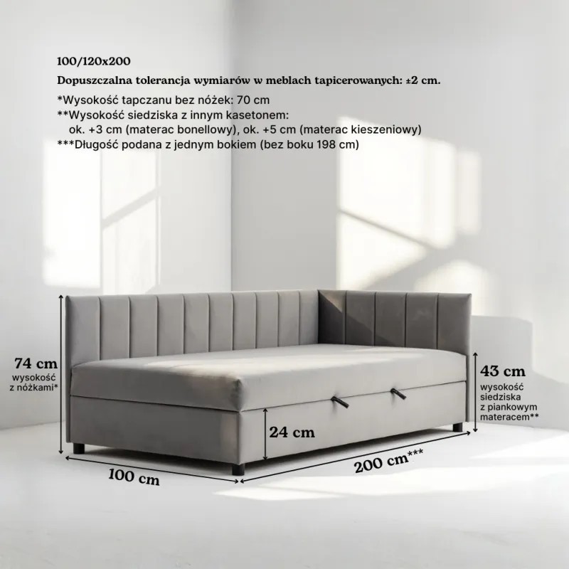 Tapczan Jednoosobowy FENIKS 100x200 z Pojemnikiem Bokiem i Oparciem - welur konfigurator