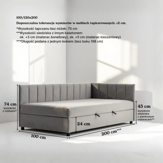 Tapczan Jednoosobowy FENIKS 100x200 z Pojemnikiem Bokiem i Oparciem - welur konfigurator