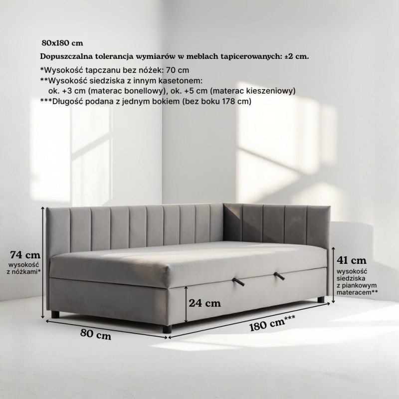 Tapczan Jednoosobowy Dla Dziecka FENIKS 80x180 z Pojemnikiem Bokiem i Oparciem - welur konfigurator