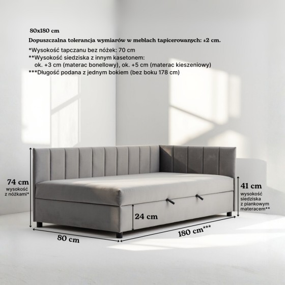 Tapczan Jednoosobowy Dla Dziecka FENIKS 80x180 z Pojemnikiem Bokiem i Oparciem - welur konfigurator