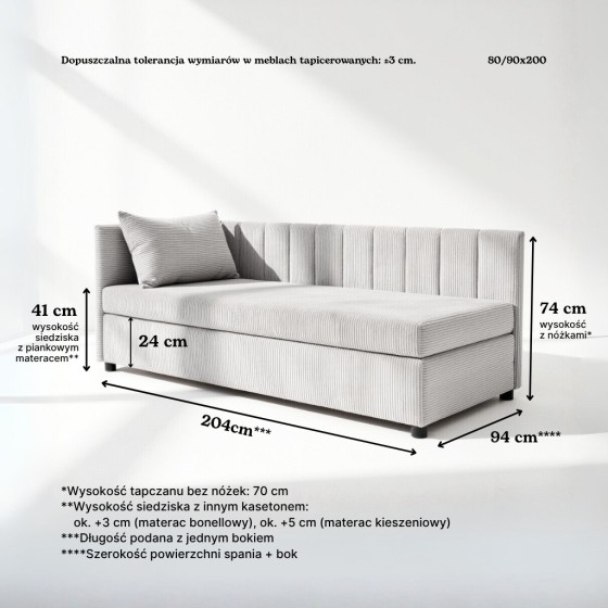 Tapczan Młodzieżowy FENIKS 90x200 z Pojemnikiem Szary Welur