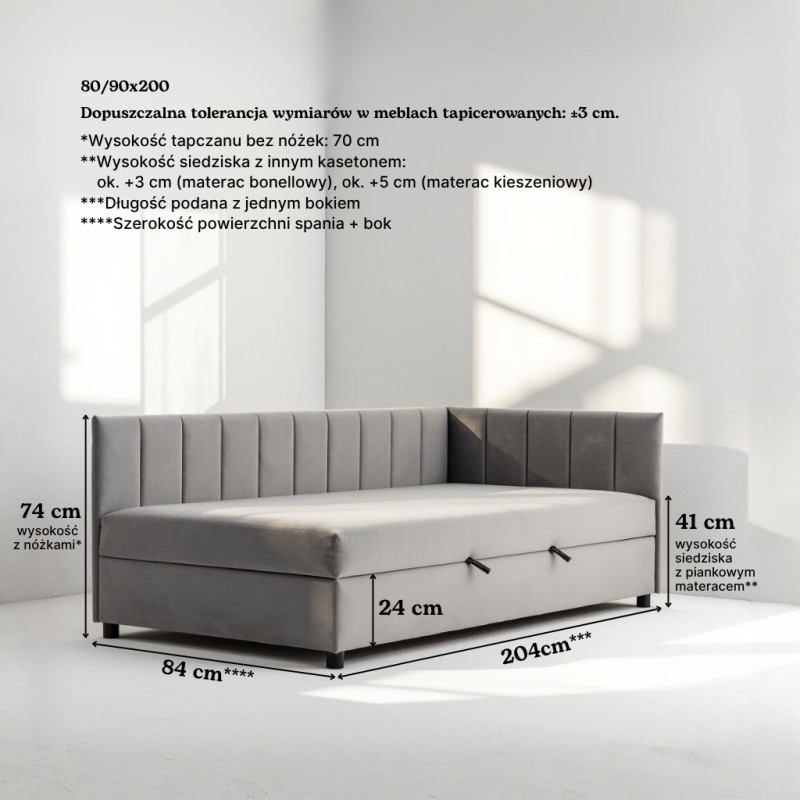 Tapczan Jednoosobowy Dla Dziecka FENIKS 80x200 z Pojemnikiem i Wezgłowiem Szary