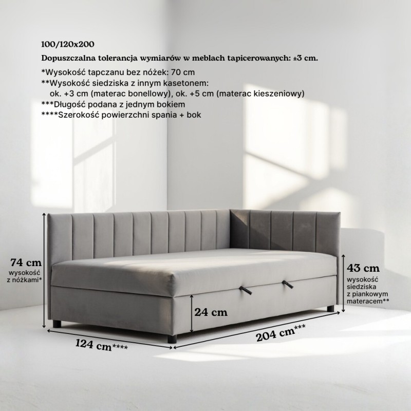 Tapczan Jednoosobowy FENIKS 120x200 z Pojemnikiem Bokiem i Oparciem - welur konfigurator