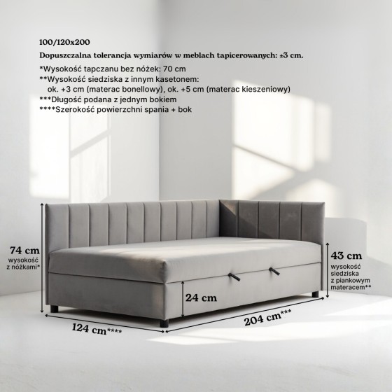 Tapczan Jednoosobowy FENIKS 120x200 Ceglasty Welur z Pojemnikiem Bokiem i Oparciem