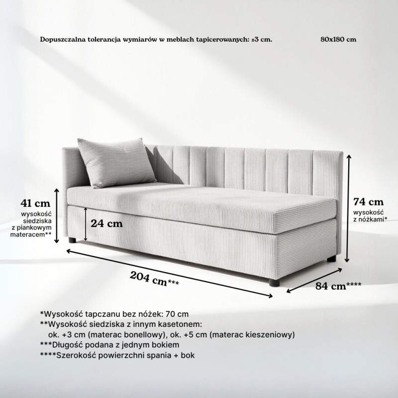 Tapczan Młodzieżowy Jednoosobowy Dla Dziecka FENIKS 80x180 z Pojemnikiem Bokiem i Oparciem Sztruks - konfigurator