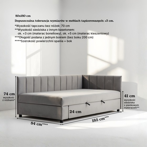 Tapczan Jednoosobowy Dla Dziecka FENIKS 80x180 z Pojemnikiem Szary Welur