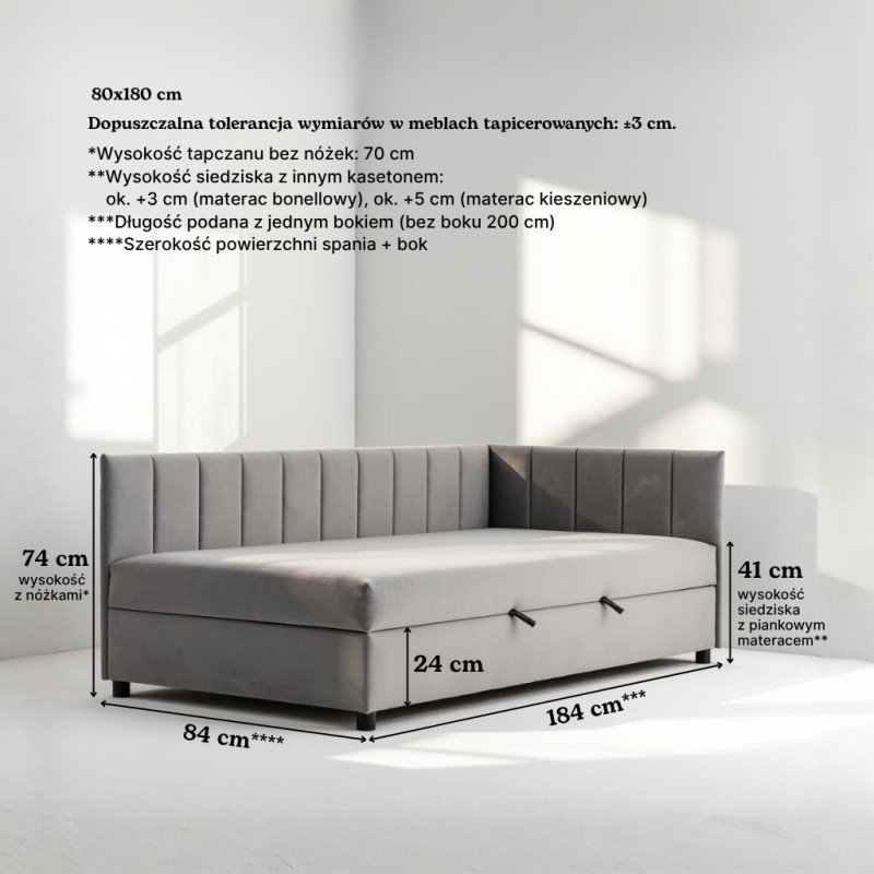 Tapczan Jednoosobowy Dla Dziecka FENIKS 80x180 z Pojemnikiem i Oparciem Szary