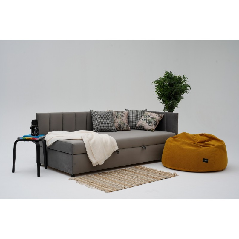 Tapczan Jednoosobowy Dla Dziecka FENIKS 80x180 z Pojemnikiem i Oparciem Szary Welur