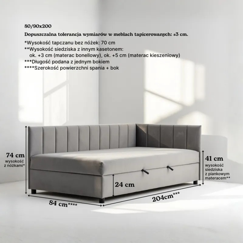 Tapczan Jednoosobowy Dla Dziecka FENIKS 80x200 z Pojemnikiem i Oparciem Szary Welur