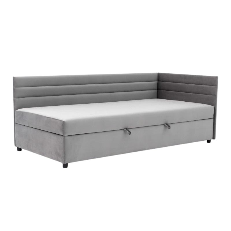 Tapczan Jednoosobowy Dla Dziecka FENIKS 80x180 z Pojemnikiem Bokiem i Oparciem Szary Welur