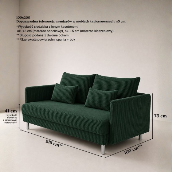 Sofa 3-osobowa z Pojemnikiem Sztruks Butelkowa Zieleń COZY Sofotapczan