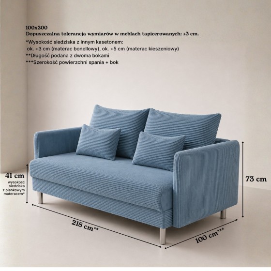Sofa 3-osobowa z Pojemnikiem Niebieski Sztruks COZY Sofotapczan