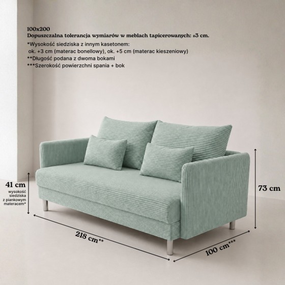 Sofa 3-osobowa z Pojemnikiem Miętowy Sztruks COZY Sofotapczan