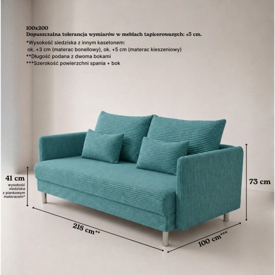 Sofa 3-osobowa z Pojemnikiem Turkusowy Sztruks COZY Sofotapczan