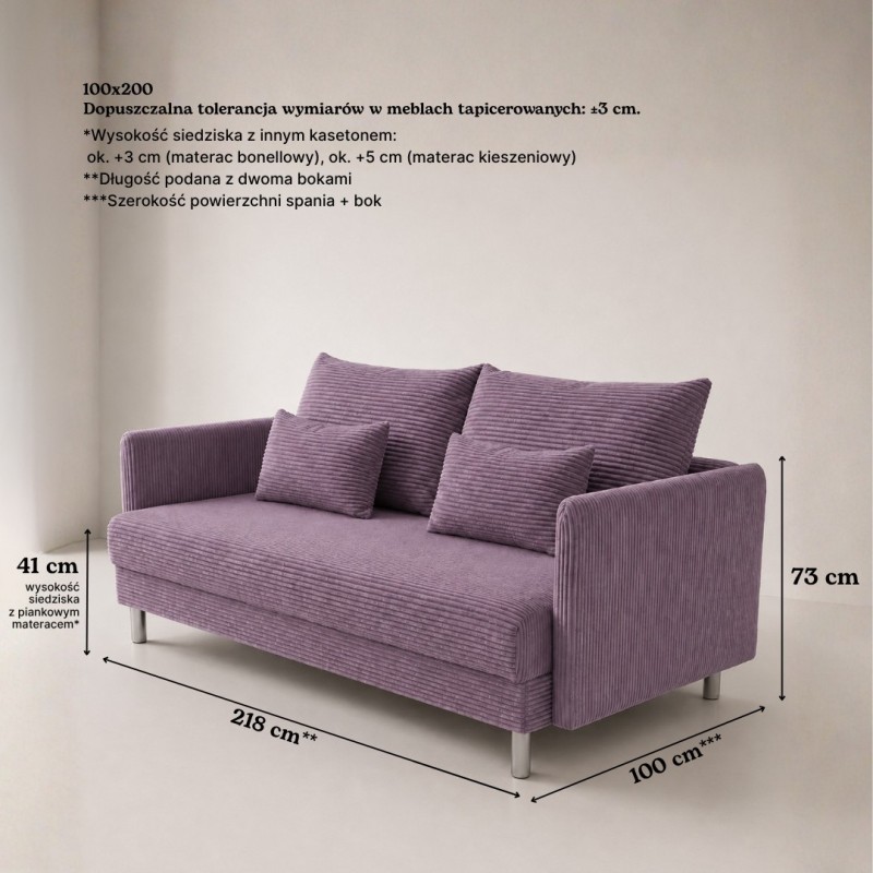 Sofa 3-osobowa z Pojemnikiem Fioletowy Sztruks COZY Sofotapczan