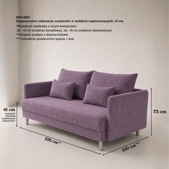 Sofa 3-osobowa z Pojemnikiem Fioletowy Sztruks COZY Sofotapczan